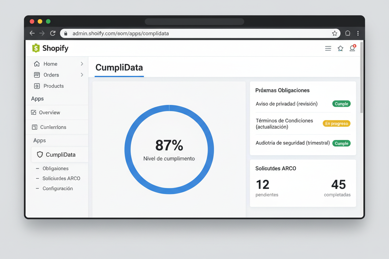 CumpliData integrado dentro del admin de Shopify
